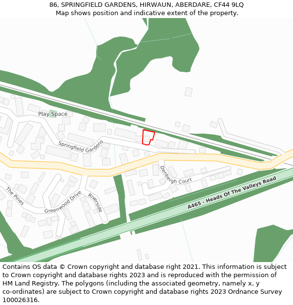 86, SPRINGFIELD GARDENS, HIRWAUN, ABERDARE, CF44 9LQ: Location map and indicative extent of plot