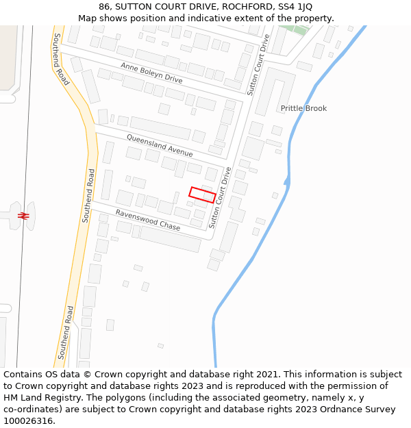 86, SUTTON COURT DRIVE, ROCHFORD, SS4 1JQ: Location map and indicative extent of plot