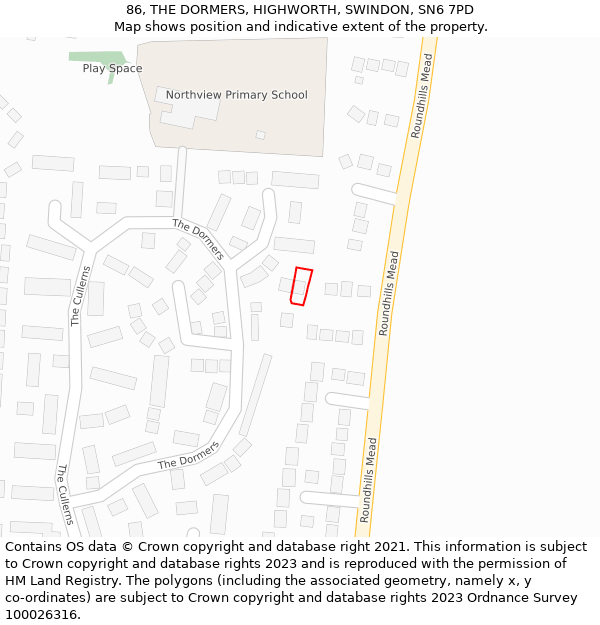 86, THE DORMERS, HIGHWORTH, SWINDON, SN6 7PD: Location map and indicative extent of plot