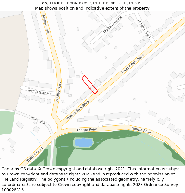 86, THORPE PARK ROAD, PETERBOROUGH, PE3 6LJ: Location map and indicative extent of plot