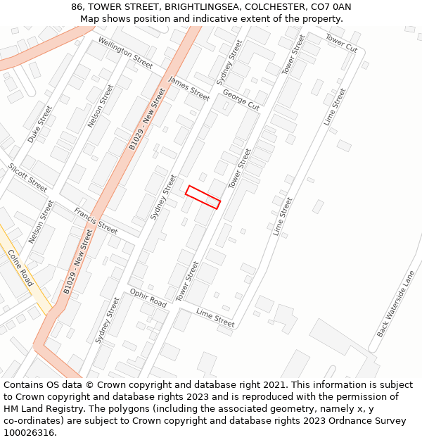 86, TOWER STREET, BRIGHTLINGSEA, COLCHESTER, CO7 0AN: Location map and indicative extent of plot