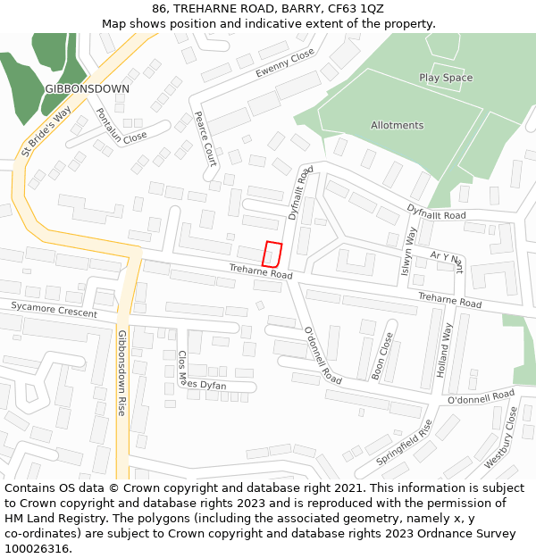 86, TREHARNE ROAD, BARRY, CF63 1QZ: Location map and indicative extent of plot