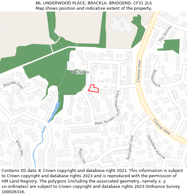 86, UNDERWOOD PLACE, BRACKLA, BRIDGEND, CF31 2LS: Location map and indicative extent of plot