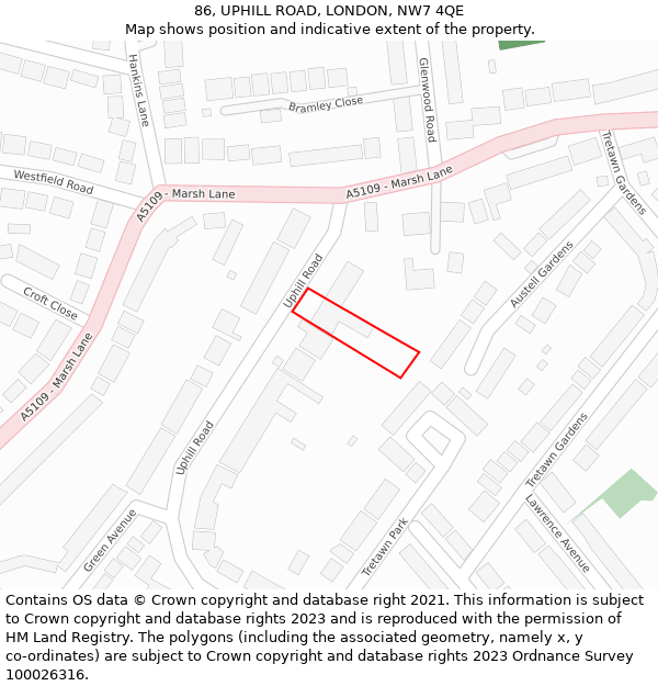 86, UPHILL ROAD, LONDON, NW7 4QE: Location map and indicative extent of plot