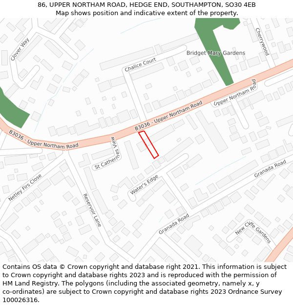 86, UPPER NORTHAM ROAD, HEDGE END, SOUTHAMPTON, SO30 4EB: Location map and indicative extent of plot