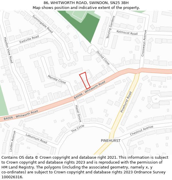 86, WHITWORTH ROAD, SWINDON, SN25 3BH: Location map and indicative extent of plot