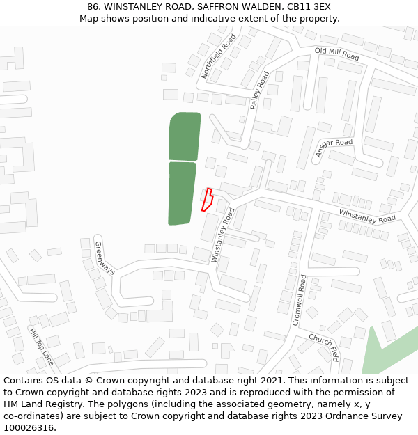 86, WINSTANLEY ROAD, SAFFRON WALDEN, CB11 3EX: Location map and indicative extent of plot