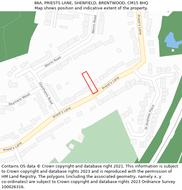 86A, PRIESTS LANE, SHENFIELD, BRENTWOOD, CM15 8HQ: Location map and indicative extent of plot