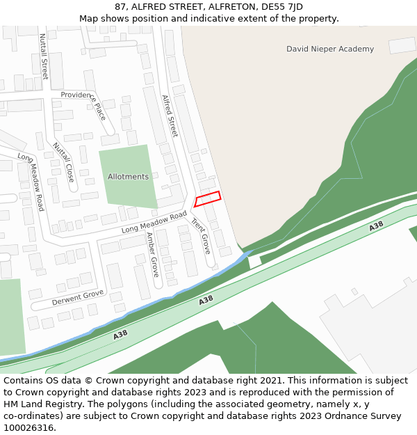 87, ALFRED STREET, ALFRETON, DE55 7JD: Location map and indicative extent of plot