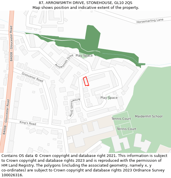 87, ARROWSMITH DRIVE, STONEHOUSE, GL10 2QS: Location map and indicative extent of plot