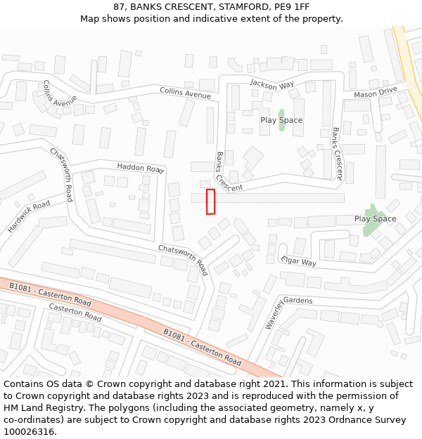 87, BANKS CRESCENT, STAMFORD, PE9 1FF: Location map and indicative extent of plot