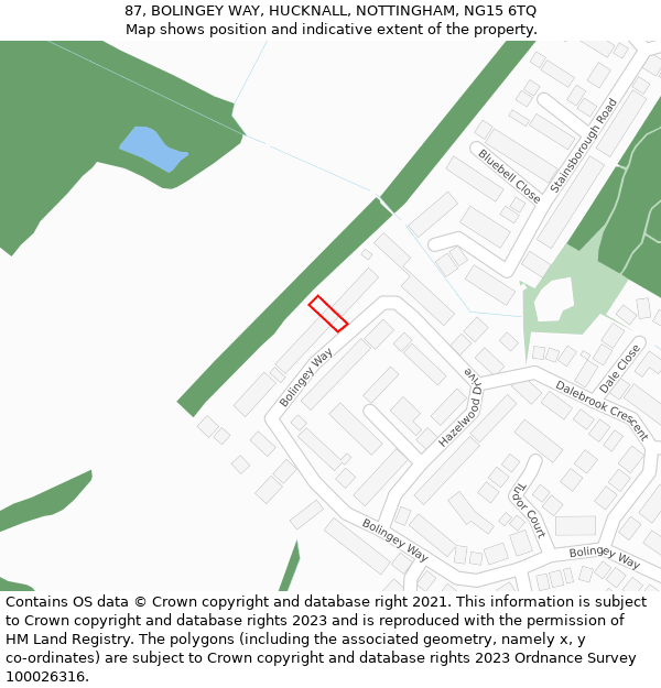 87, BOLINGEY WAY, HUCKNALL, NOTTINGHAM, NG15 6TQ: Location map and indicative extent of plot