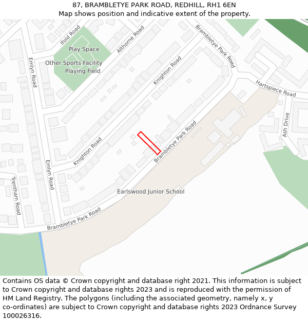 87, BRAMBLETYE PARK ROAD, REDHILL, RH1 6EN: Location map and indicative extent of plot