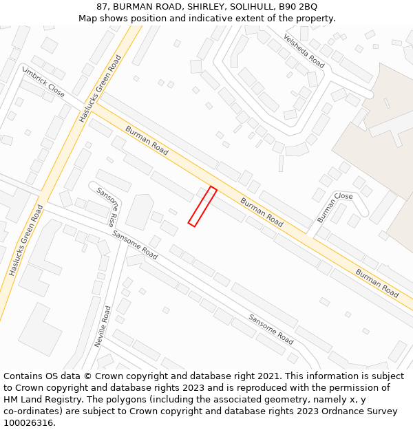 87, BURMAN ROAD, SHIRLEY, SOLIHULL, B90 2BQ: Location map and indicative extent of plot