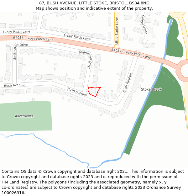 87, BUSH AVENUE, LITTLE STOKE, BRISTOL, BS34 8NG: Location map and indicative extent of plot