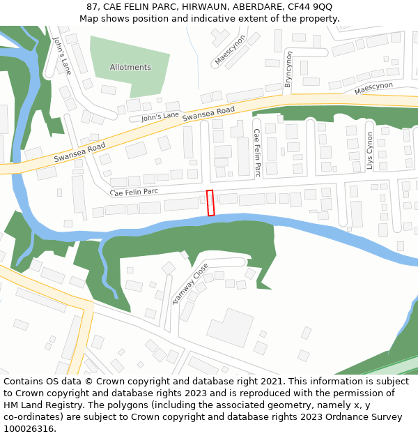 87, CAE FELIN PARC, HIRWAUN, ABERDARE, CF44 9QQ: Location map and indicative extent of plot