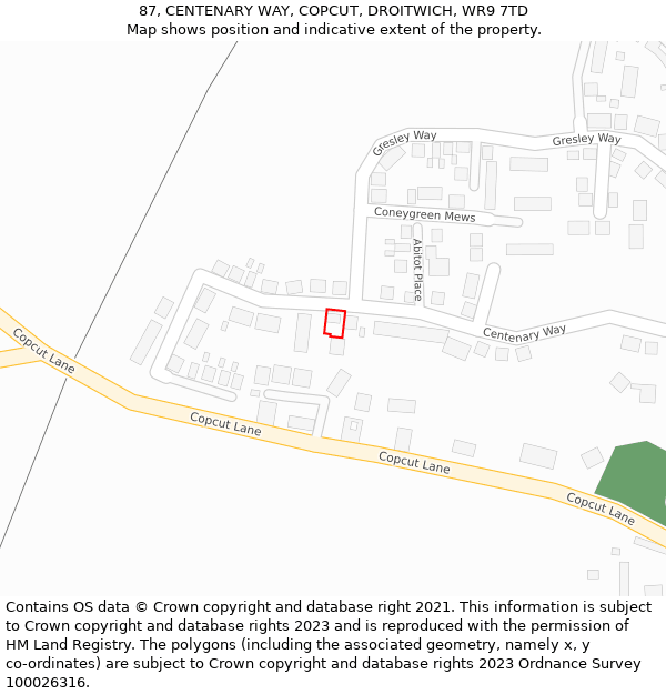 87, CENTENARY WAY, COPCUT, DROITWICH, WR9 7TD: Location map and indicative extent of plot