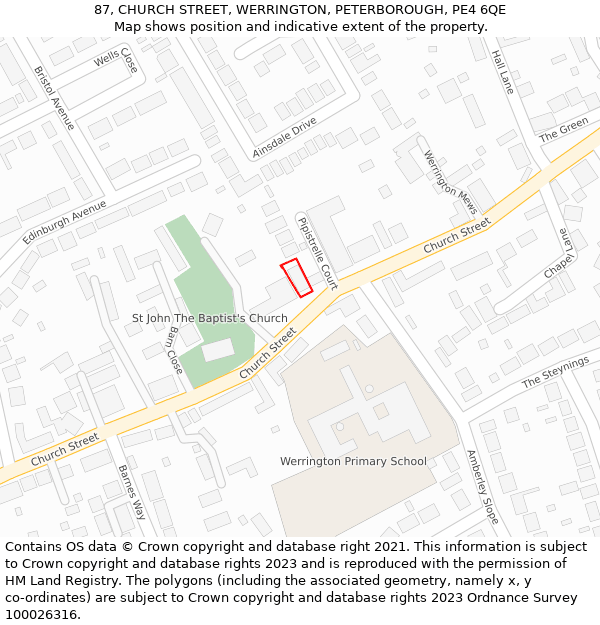87, CHURCH STREET, WERRINGTON, PETERBOROUGH, PE4 6QE: Location map and indicative extent of plot