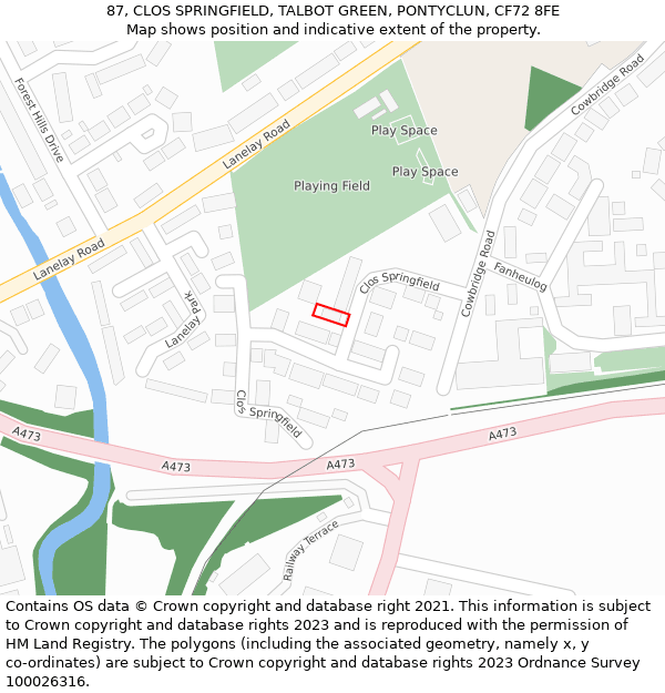 87, CLOS SPRINGFIELD, TALBOT GREEN, PONTYCLUN, CF72 8FE: Location map and indicative extent of plot