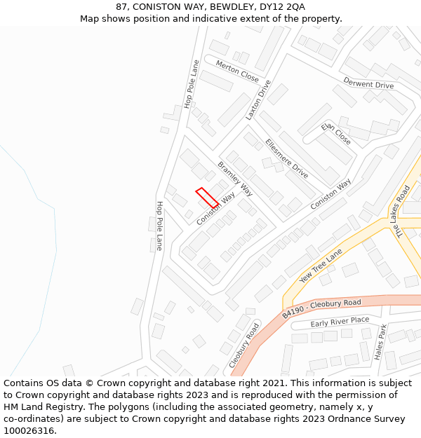 87, CONISTON WAY, BEWDLEY, DY12 2QA: Location map and indicative extent of plot