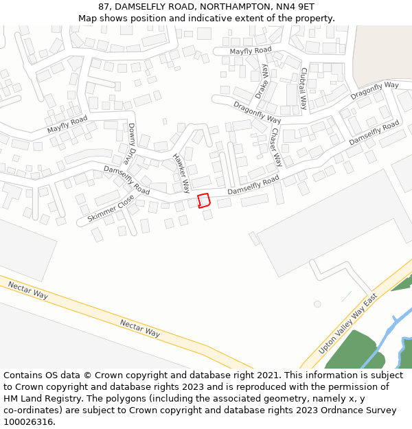 87, DAMSELFLY ROAD, NORTHAMPTON, NN4 9ET: Location map and indicative extent of plot