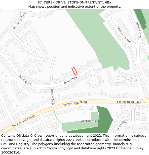 87, DEREK DRIVE, STOKE-ON-TRENT, ST1 6BX: Location map and indicative extent of plot
