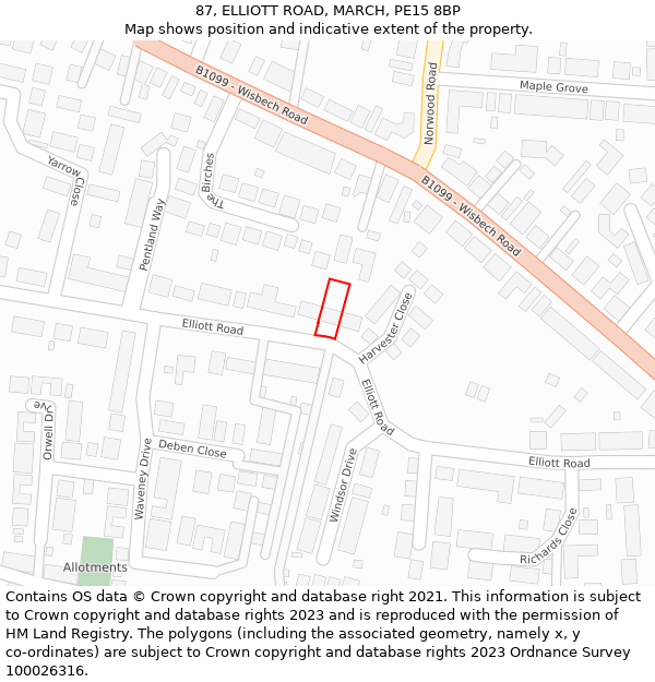 87, ELLIOTT ROAD, MARCH, PE15 8BP: Location map and indicative extent of plot