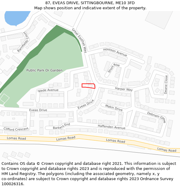 87, EVEAS DRIVE, SITTINGBOURNE, ME10 3FD: Location map and indicative extent of plot