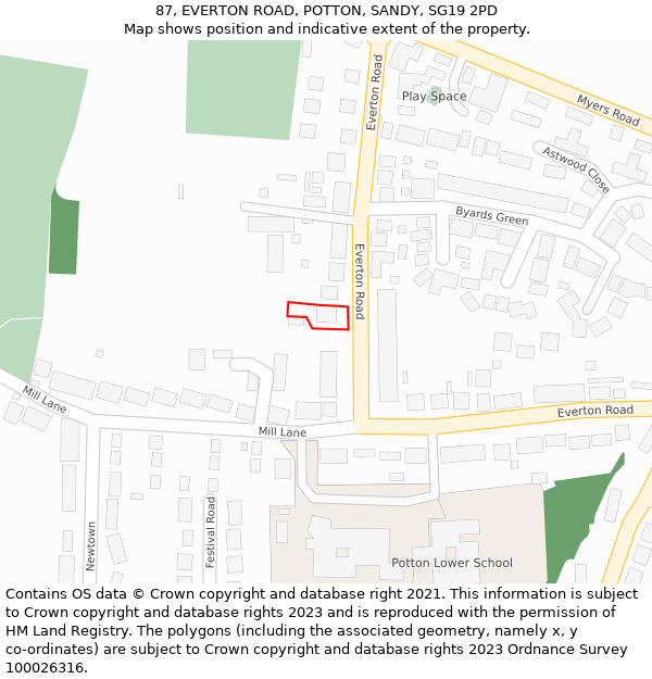 87, EVERTON ROAD, POTTON, SANDY, SG19 2PD: Location map and indicative extent of plot
