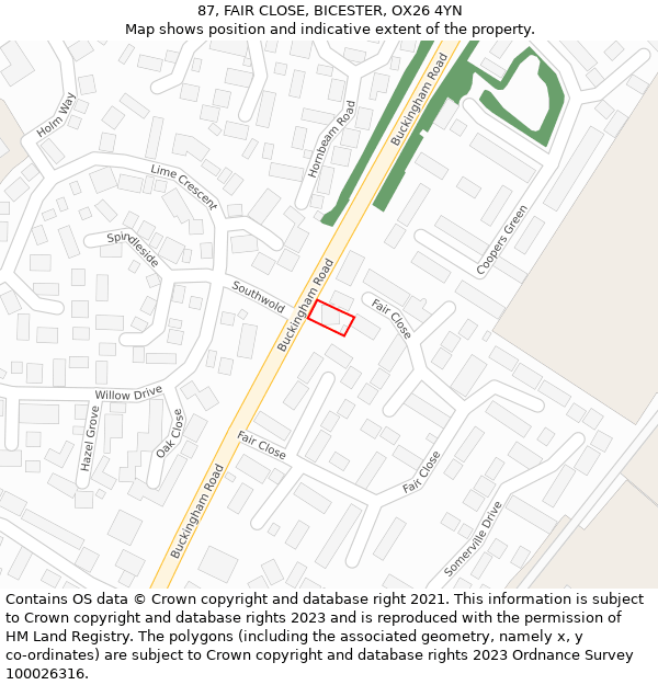 87, FAIR CLOSE, BICESTER, OX26 4YN: Location map and indicative extent of plot