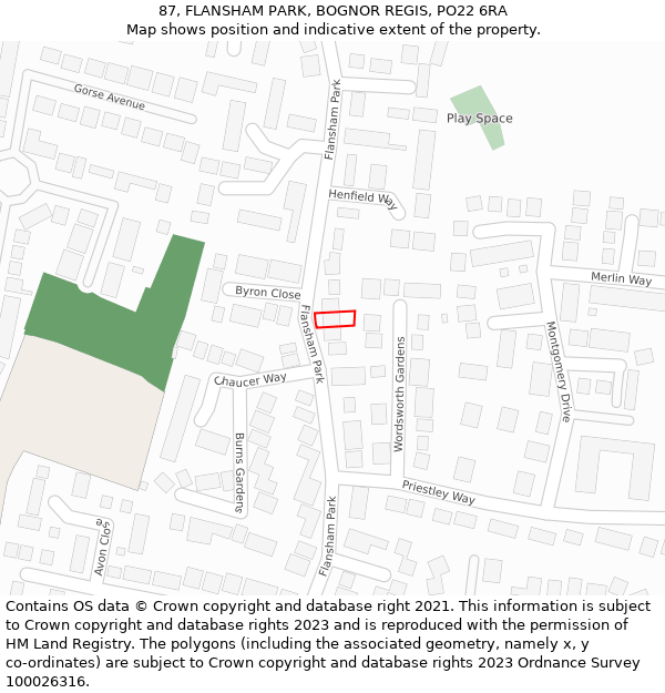 87, FLANSHAM PARK, BOGNOR REGIS, PO22 6RA: Location map and indicative extent of plot