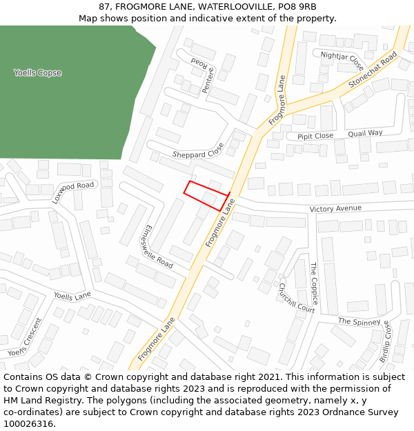 87, FROGMORE LANE, WATERLOOVILLE, PO8 9RB: Location map and indicative extent of plot