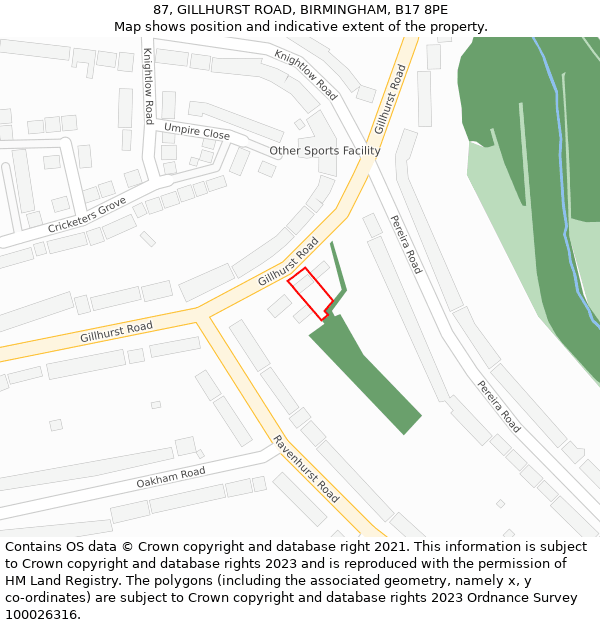 87, GILLHURST ROAD, BIRMINGHAM, B17 8PE: Location map and indicative extent of plot