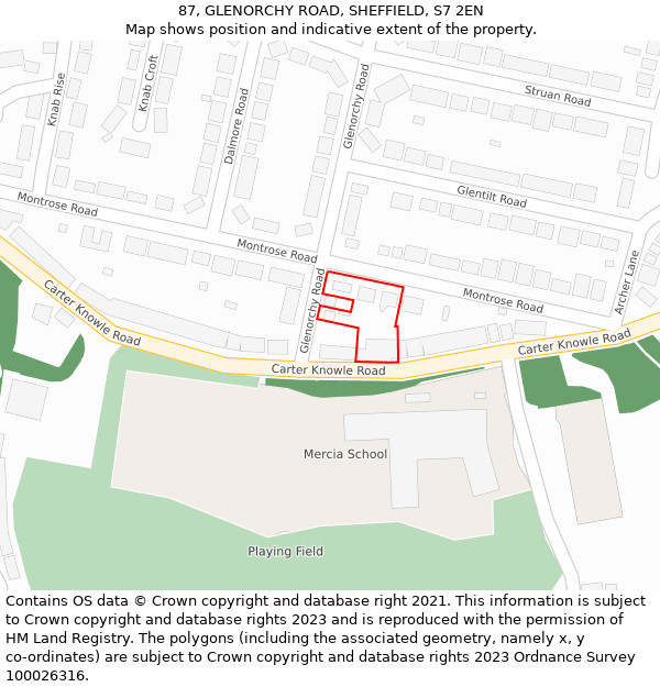 87, GLENORCHY ROAD, SHEFFIELD, S7 2EN: Location map and indicative extent of plot