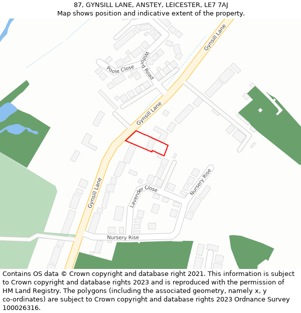 87, GYNSILL LANE, ANSTEY, LEICESTER, LE7 7AJ: Location map and indicative extent of plot