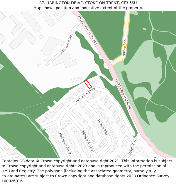 87, HARINGTON DRIVE, STOKE-ON-TRENT, ST3 5SU: Location map and indicative extent of plot