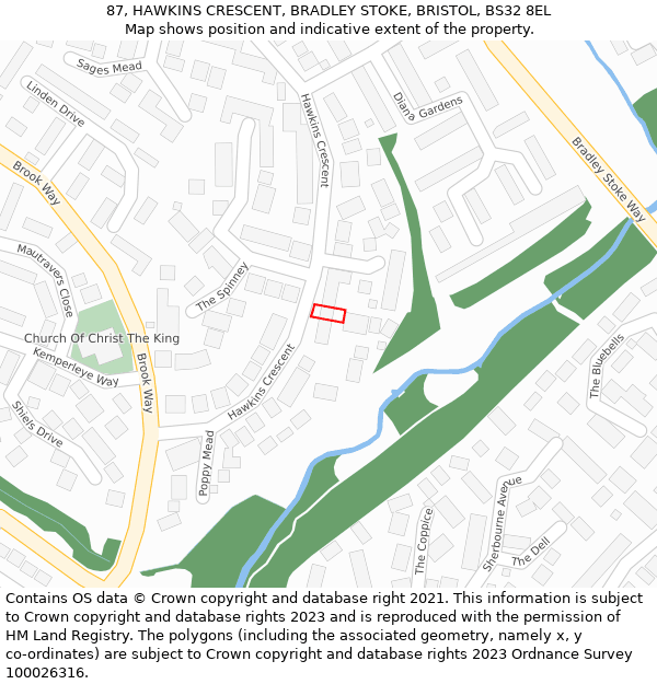 87, HAWKINS CRESCENT, BRADLEY STOKE, BRISTOL, BS32 8EL: Location map and indicative extent of plot