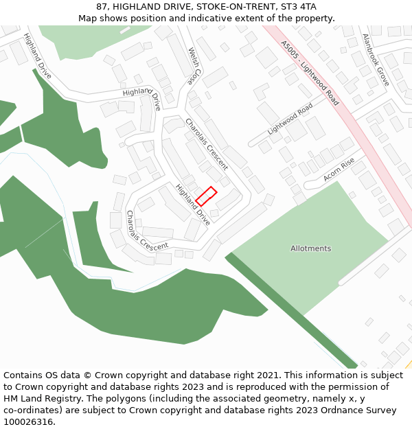 87, HIGHLAND DRIVE, STOKE-ON-TRENT, ST3 4TA: Location map and indicative extent of plot