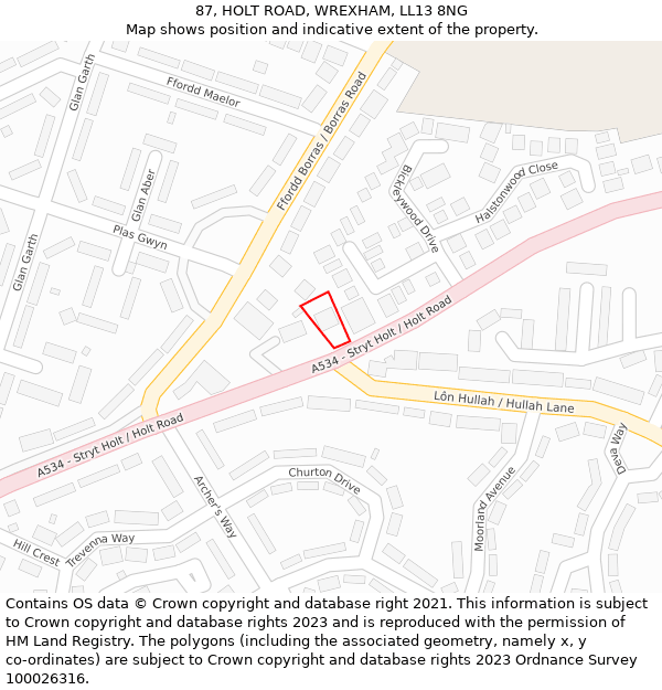 87, HOLT ROAD, WREXHAM, LL13 8NG: Location map and indicative extent of plot