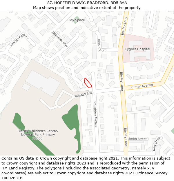 87, HOPEFIELD WAY, BRADFORD, BD5 8AA: Location map and indicative extent of plot