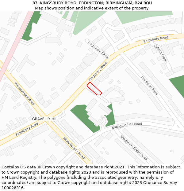 87, KINGSBURY ROAD, ERDINGTON, BIRMINGHAM, B24 8QH: Location map and indicative extent of plot