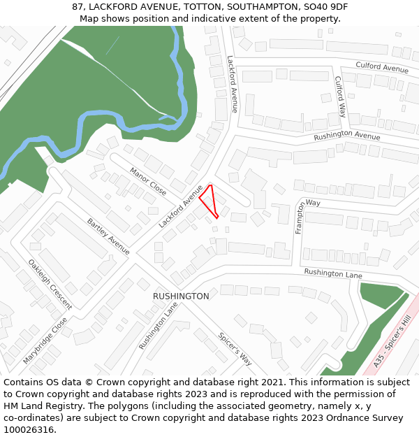 87, LACKFORD AVENUE, TOTTON, SOUTHAMPTON, SO40 9DF: Location map and indicative extent of plot