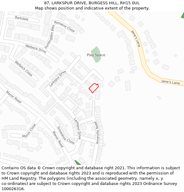 87, LARKSPUR DRIVE, BURGESS HILL, RH15 0UL: Location map and indicative extent of plot