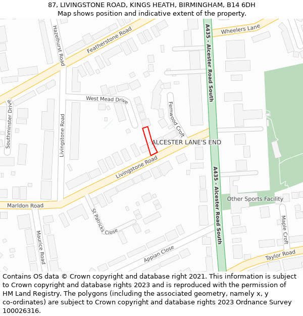 87, LIVINGSTONE ROAD, KINGS HEATH, BIRMINGHAM, B14 6DH: Location map and indicative extent of plot