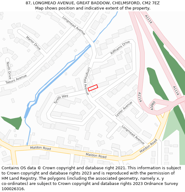 87, LONGMEAD AVENUE, GREAT BADDOW, CHELMSFORD, CM2 7EZ: Location map and indicative extent of plot
