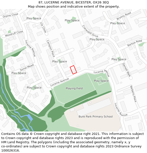 87, LUCERNE AVENUE, BICESTER, OX26 3EQ: Location map and indicative extent of plot