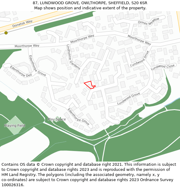 87, LUNDWOOD GROVE, OWLTHORPE, SHEFFIELD, S20 6SR: Location map and indicative extent of plot