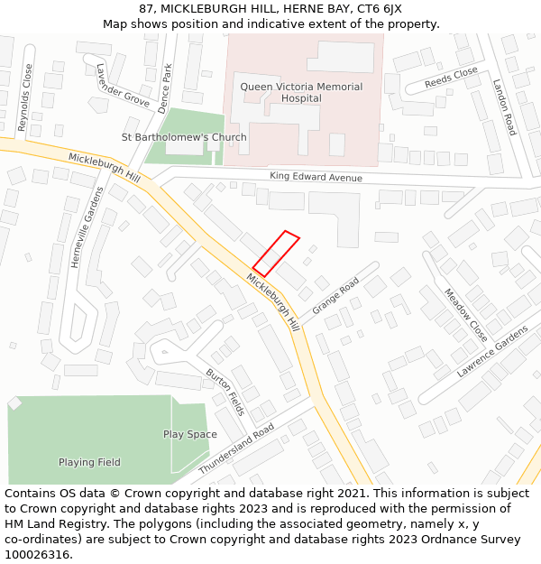 87, MICKLEBURGH HILL, HERNE BAY, CT6 6JX: Location map and indicative extent of plot