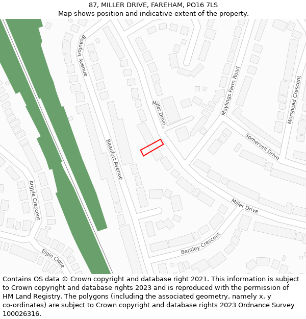 87, MILLER DRIVE, FAREHAM, PO16 7LS: Location map and indicative extent of plot