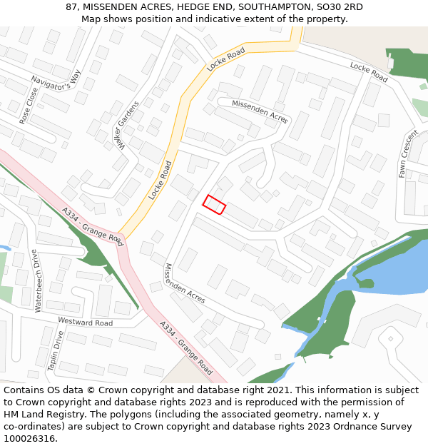 87, MISSENDEN ACRES, HEDGE END, SOUTHAMPTON, SO30 2RD: Location map and indicative extent of plot